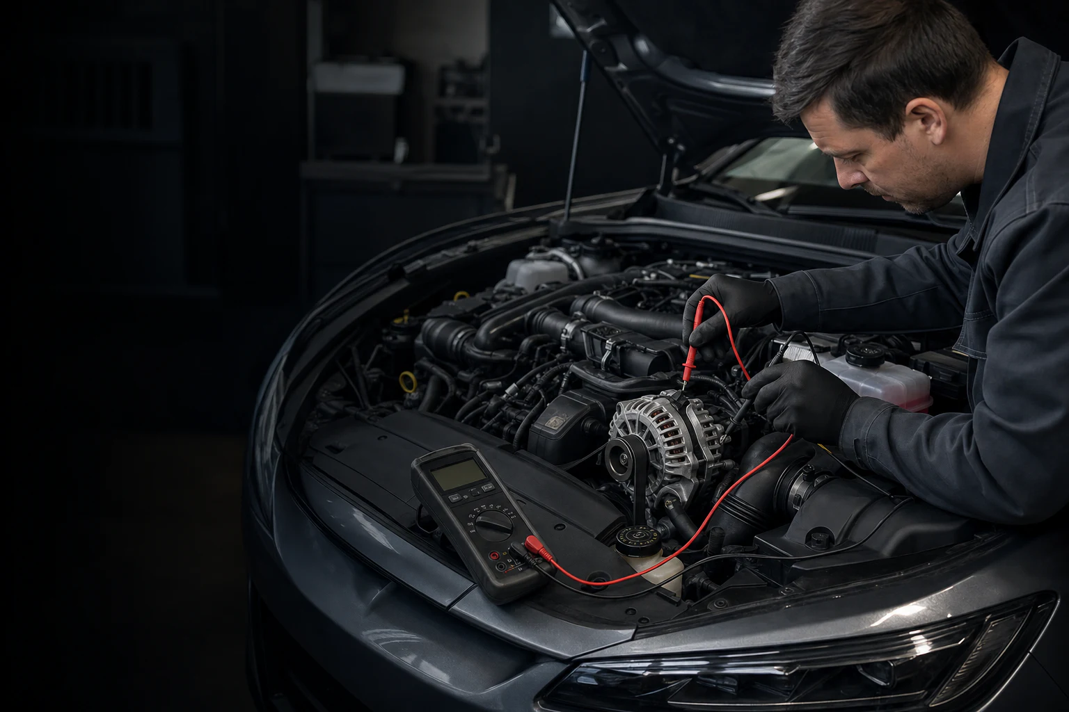 Técnico da MR Auto a medir o sistema de carga de uma viatura numa oficina