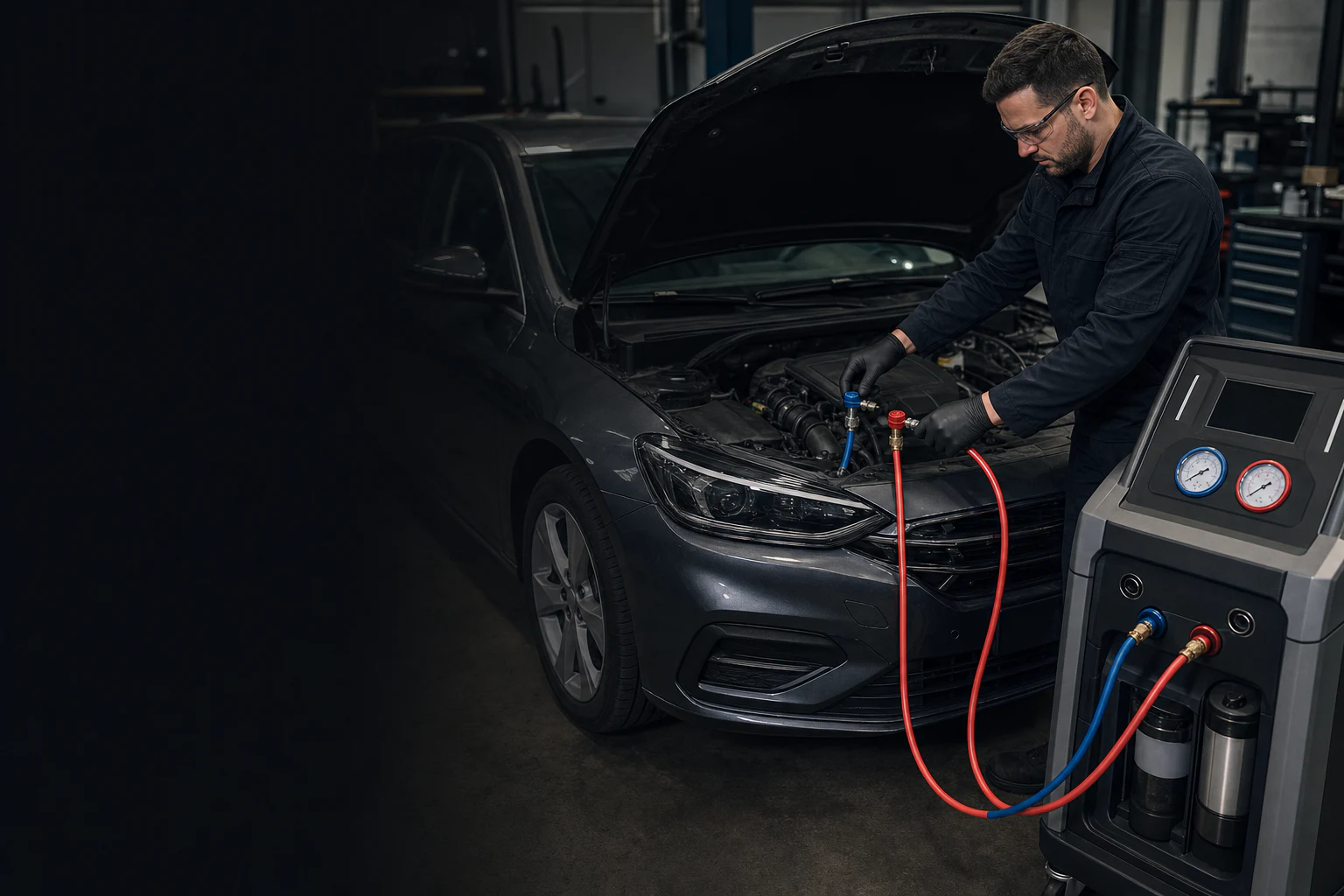 Técnico da MR Auto a diagnosticar o ar condicionado de uma viatura com estação de serviço
