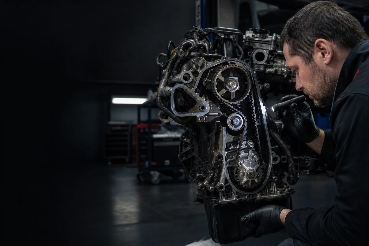 Técnico a inspecionar a correia de distribuição de um motor em segurança
