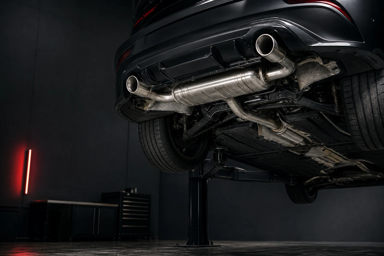 Linha de escape de um automóvel numa oficina