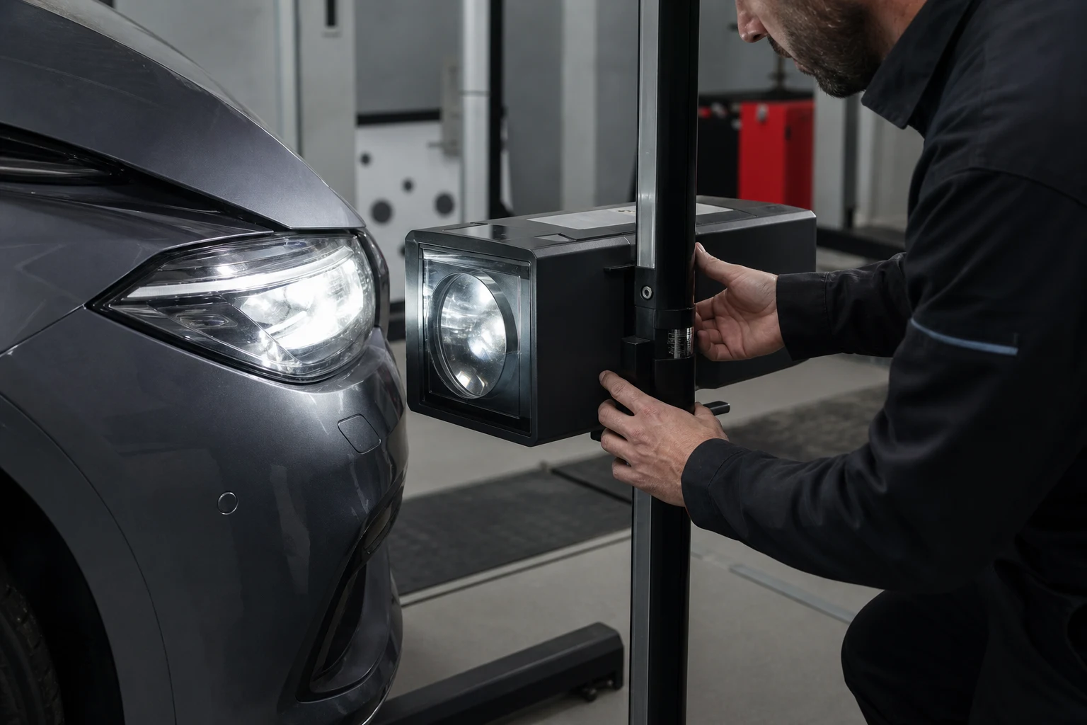 Técnico a alinhar um farol com equipamento ótico